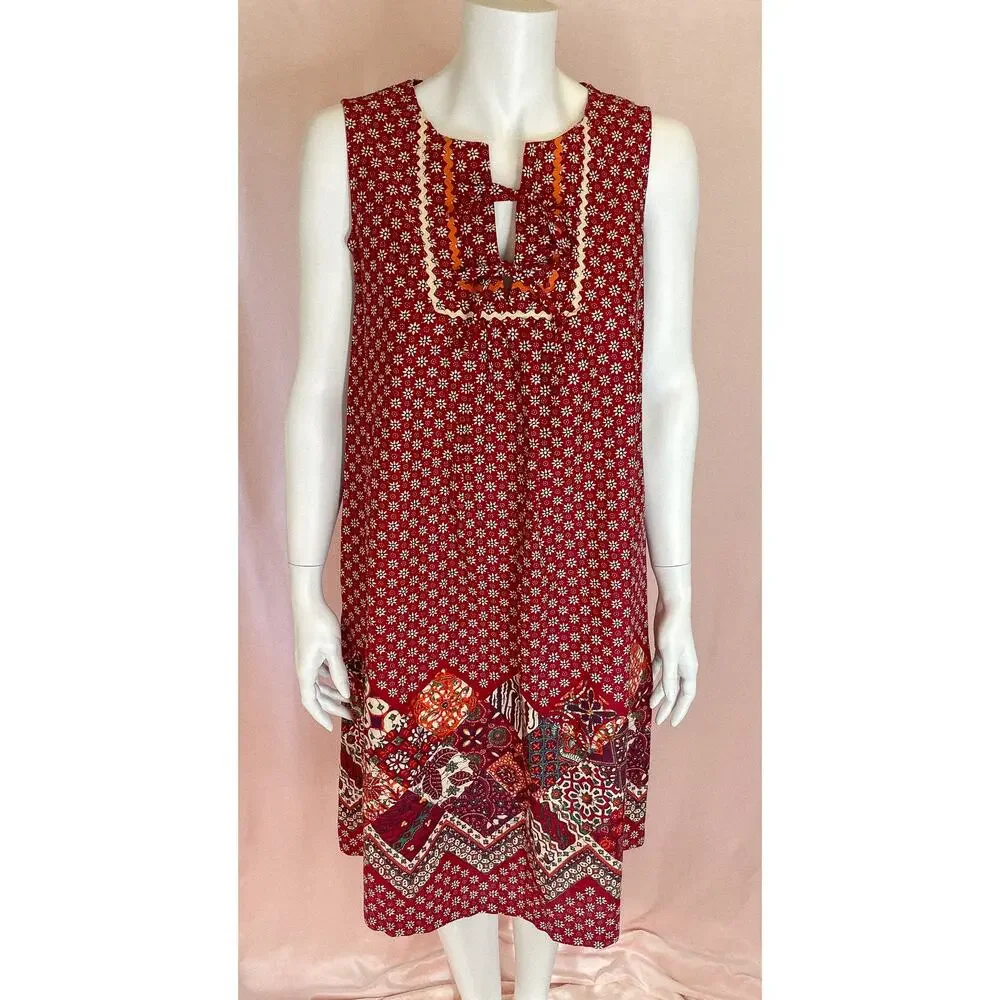 VINTAGE 1960's Bohemian Red Patchwork Ric Rac Dress SMALL - Picture 4 of 16